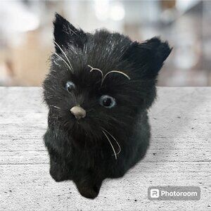 Realistic Black Furry Cat Figurine With Blue Eyes rabbit fur